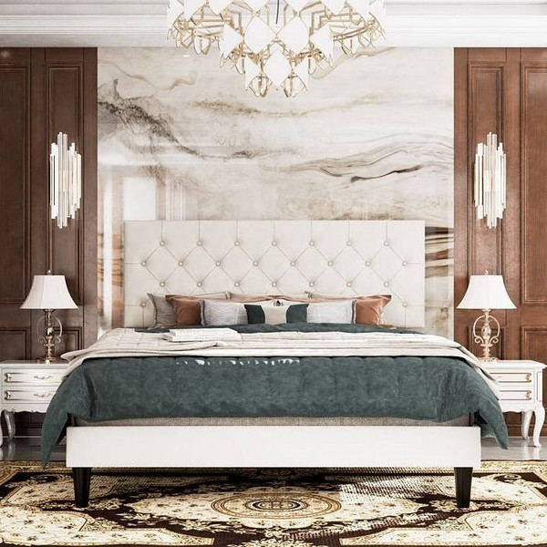 Queen White Faux Leather Upholstered Platform Bed with Button-Tufted Headboard Q280-FAQU2049