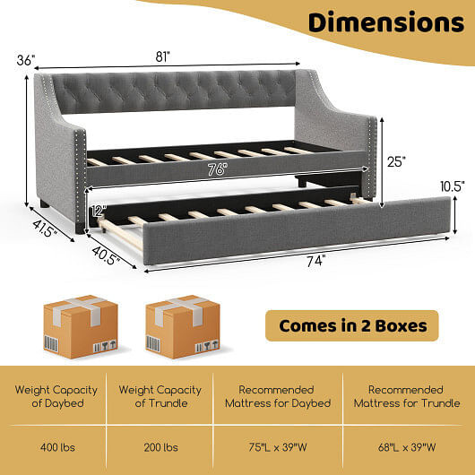 Twin Size Daybed with Trundle Sofa Bed with Curved Armrests and Backrest-Gray B593-HV10551+