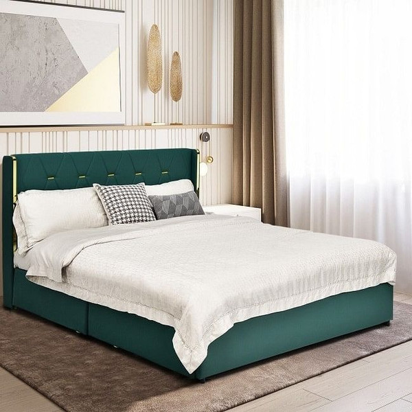 Full Size Green/Gold Linen Headboard 4 Drawer Storage Platform Bed Q280-FOBF2566