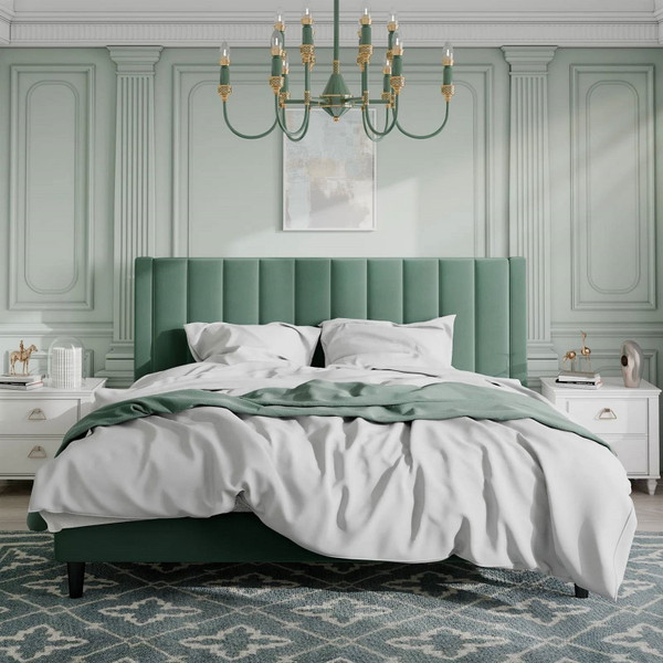 King size Modern Green Velvet Upholstered Platform Bed with Headboard Q280-GRKNAVWPB227936581