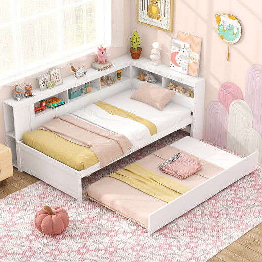Twin Size Daybed Platform Bed Frame with Trundle and Bedside Shelves-White B593-HU10970+