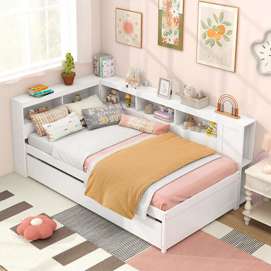Twin Size Daybed Platform Bed Frame with Trundle and Bedside Shelves-White B593-HU10970+