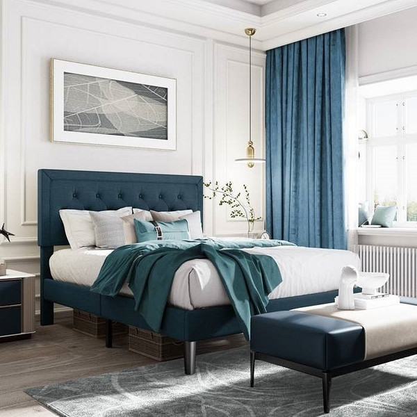 King Adjustable Height Platform Bed Frame with Blue Upholstered Headboard Q280-KIBL3099