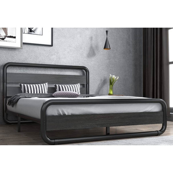 Queen Heavy Duty Round Metal Frame Platform Bed with Black Wood Panel Headboard Q280-QHDPBW5284689