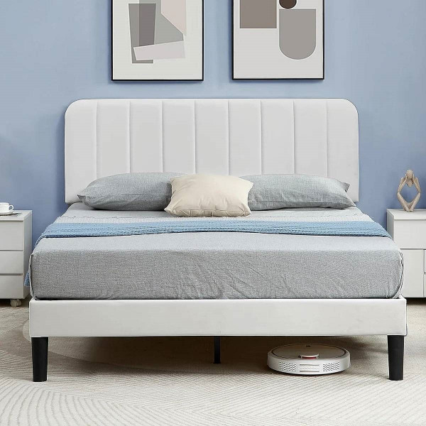 Queen size White Upholstered Platform Bed Frame with Headboard Q280-QNWTPBFHD15928634