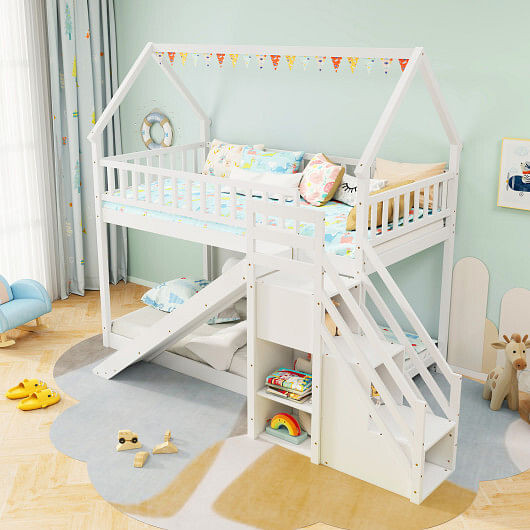 Twin Over Twin Bunk Bed with Slide and Staircase-White B593-HU10982+