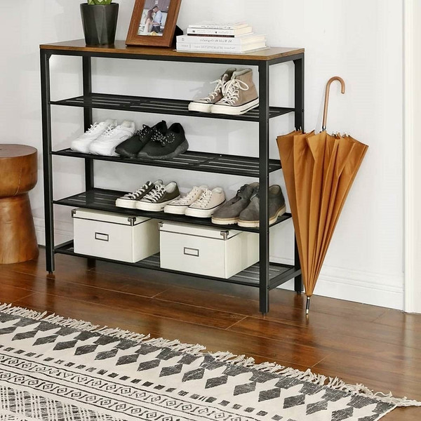 Modern Industrial Style 5-Tier Black Metal Shoe Rack with Brown Wood Top Q280-FTSBRSR61823456