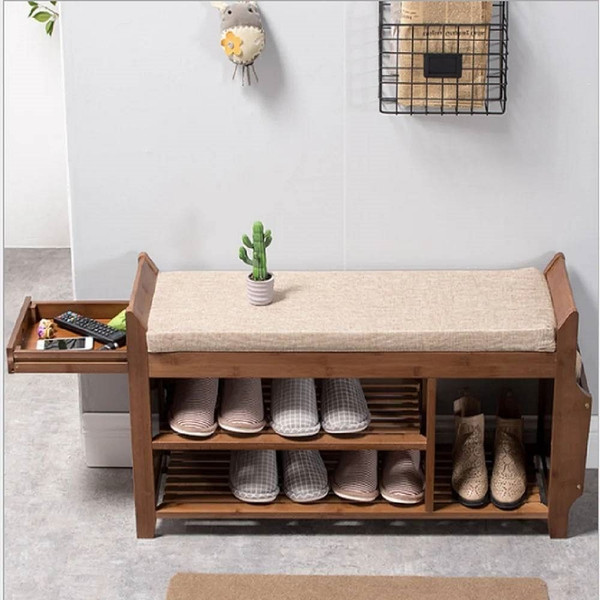 Solid Wood Entryway Shoe Rack Storage Bench with Cushioned Seat 2 Shelves and Drawer Q280-SPSZBTF12891375