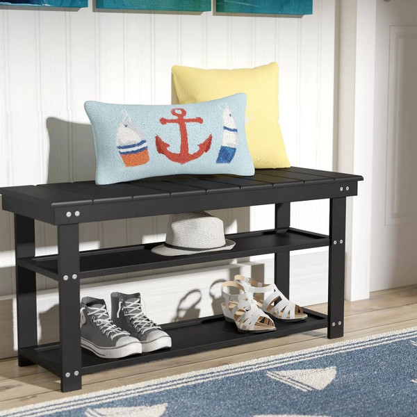Black Wooden 2-Shelf Shoe Rack Storage Bench for Entryway or Closet Q280-FBWSBH11395476
