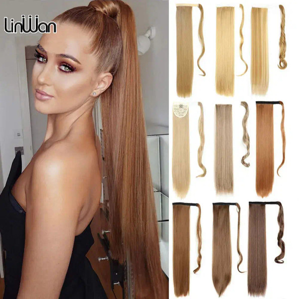 Color: 4/27HL - LINWAN Synthetic Long Straight Wrap Around Clip In Ponytail Hair Extension Heat Rei F640-12000034466271104