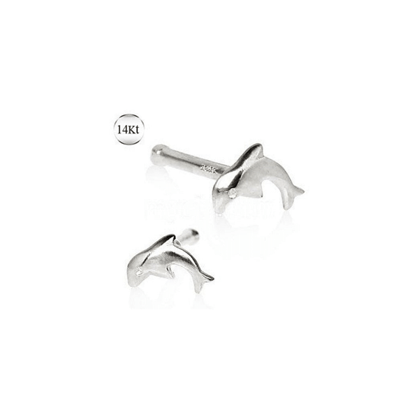 14Kt White Gold Stud Nose Ring with a Dolphin T575-S0671356793