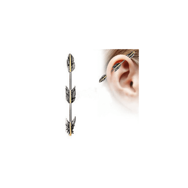 316L Stainless Steel Industrial Barbell with Golden Triple Tier Feathers T575-S0671357531
