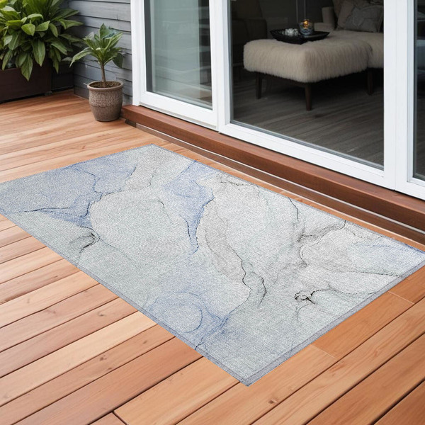 3' X 5' Ivory Blue and Gray Abstract Washable Non Skid Indoor Outdoor Area Rug N270-560151
