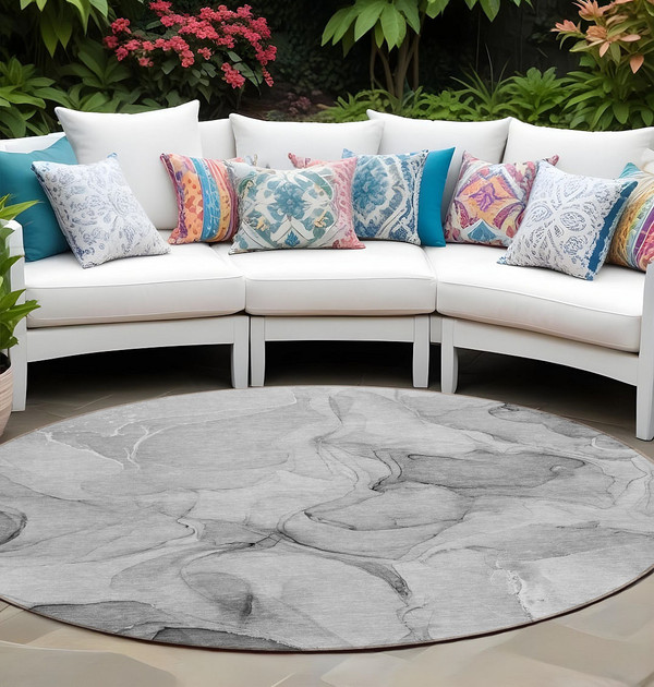 8' Round Gray Round Abstract Washable Non Skid Indoor Outdoor Area Rug N270-559501