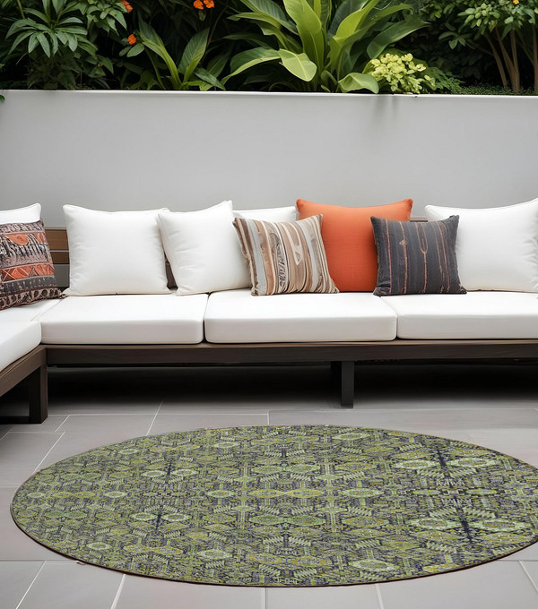 8' Round Blue and Green Round Floral Washable Non Skid Indoor Outdoor Area Rug N270-564334