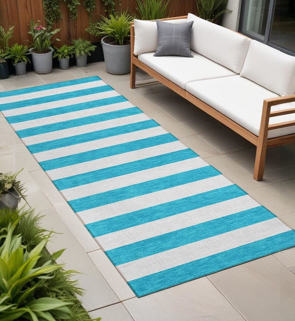 2' X 8' Teal and White Striped Washable Indoor Outdoor Runner Rug N270-560961