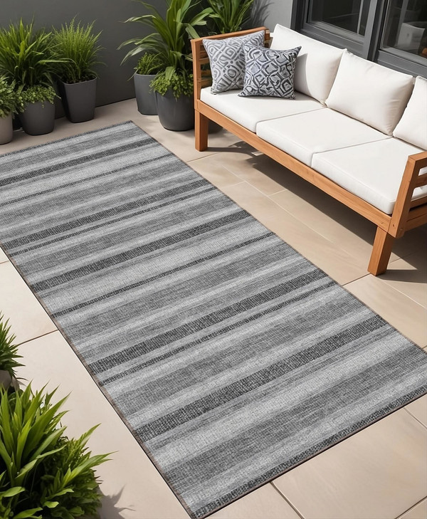 2' X 8' Gray and Black Striped Washable Indoor Outdoor Runner Rug N270-561159