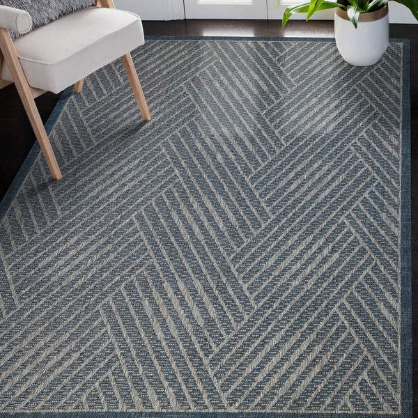 8' X 10' Gray and Blue Geometric Stain Resistant Indoor Outdoor Area Rug N270-531606