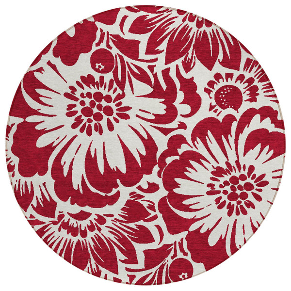 8' Round Burgundy and White Round Floral Washable Non Skid Indoor Outdoor Area Rug N270-562430