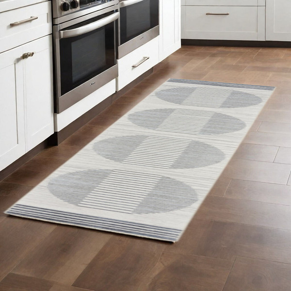 8' Runner Blue and Ivory Geometric Power Loom Washable Runner Rug N270-532867