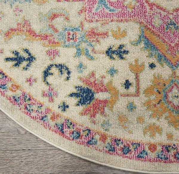 8' Pink And Ivory Round Southwestern Dhurrie Area Rug N270-385593