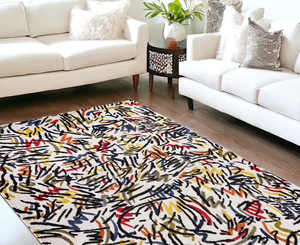 9' X 13' White Abstract Non Skid Area Rug N270-551713