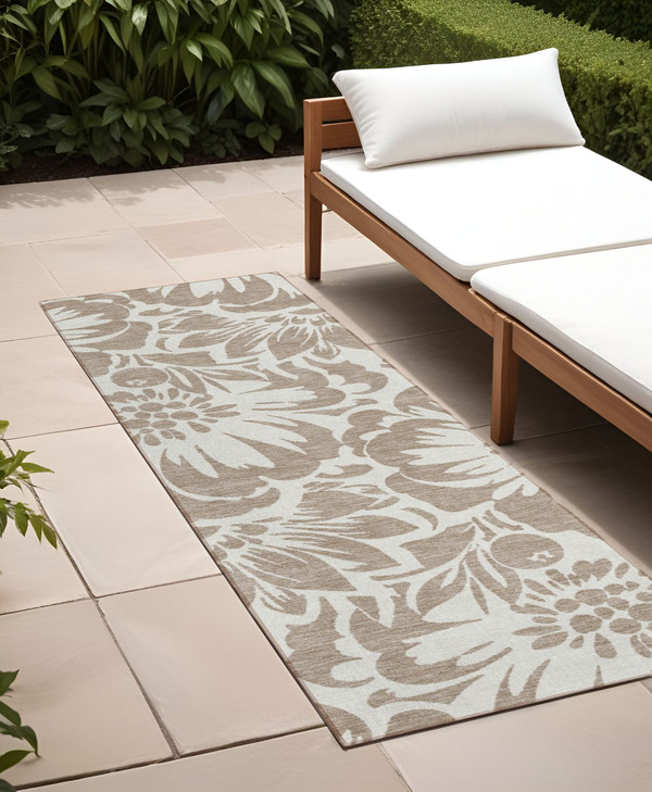 2' X 8' Taupe and Ivory Floral Washable Non Skid Indoor Outdoor Runner Rug N270-562534