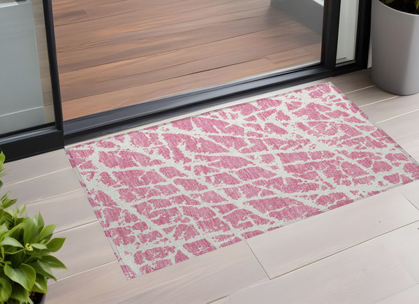 2' X 3' Pink and Ivory Abstract Washable Non Skid Indoor Outdoor Area Rug N270-559298