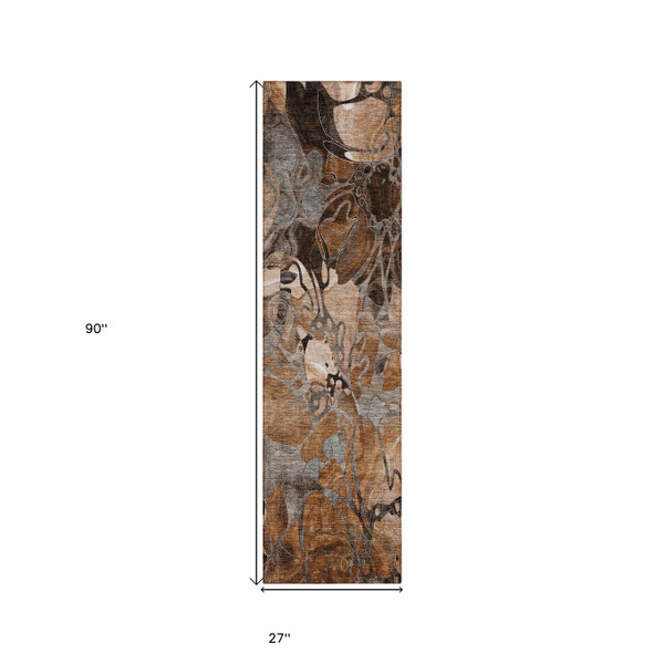 2' X 8' Chocolate Terracotta and Ivory Abstract Washable Indoor Outdoor Runner Rug N270-563053