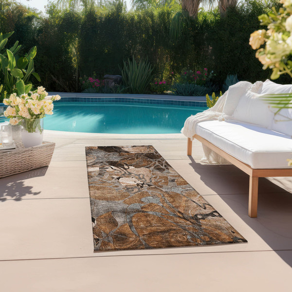 2' X 8' Chocolate Terracotta and Ivory Abstract Washable Indoor Outdoor Runner Rug N270-563053