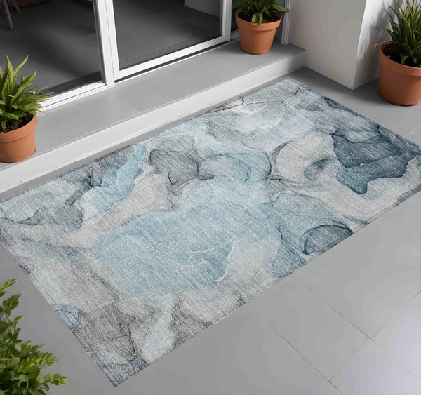 2' X 3' Teal Abstract Washable Non Skid Indoor Outdoor Area Rug N270-559532