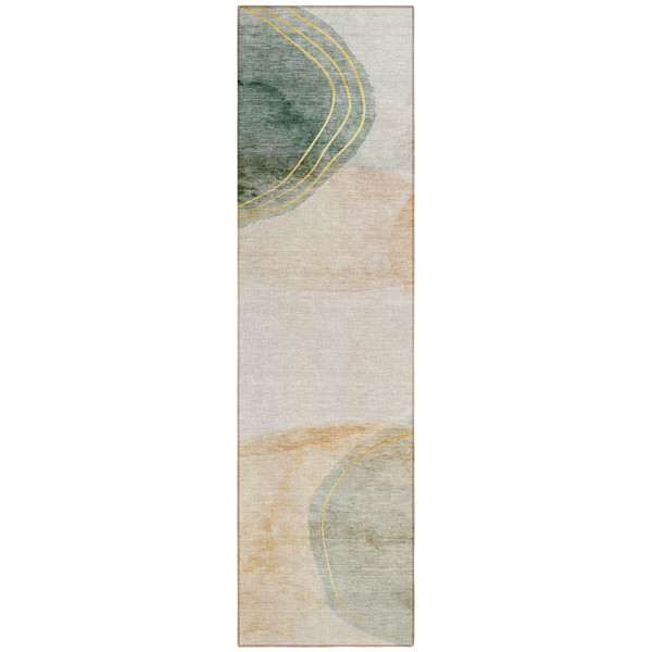 8' Runner Beige and Green Abstract Washable Non Skid Indoor Outdoor Runner Rug N270-562138
