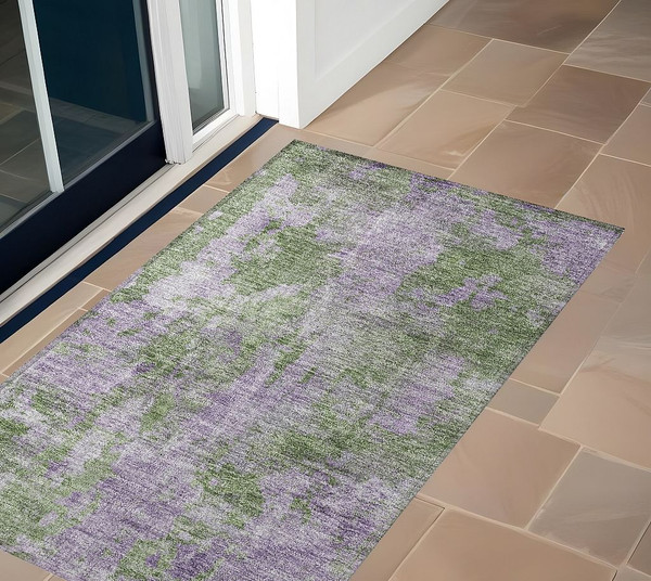 3' X 5' Green and Purple Abstract Washable Non Skid Indoor Outdoor Area Rug N270-564272