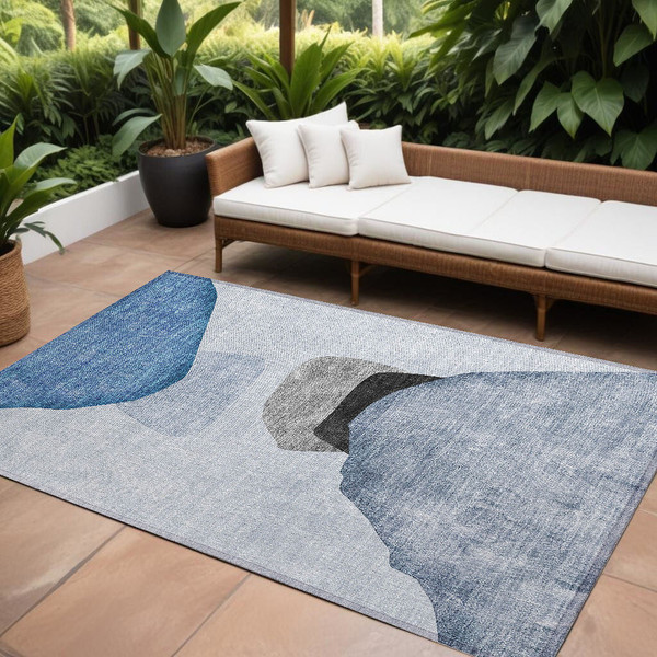 9' X 12' Blue Gray and Black Abstract Washable Non Skid Indoor Outdoor Area Rug N270-562171