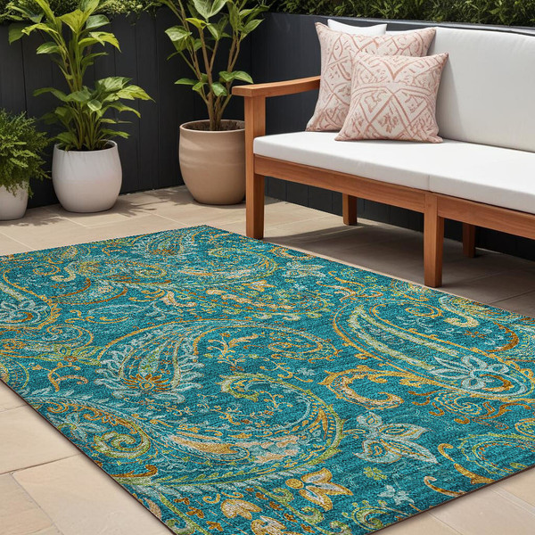 8' X 10' Teal Paisley Washable Non Skid Indoor Outdoor Area Rug N270-561470