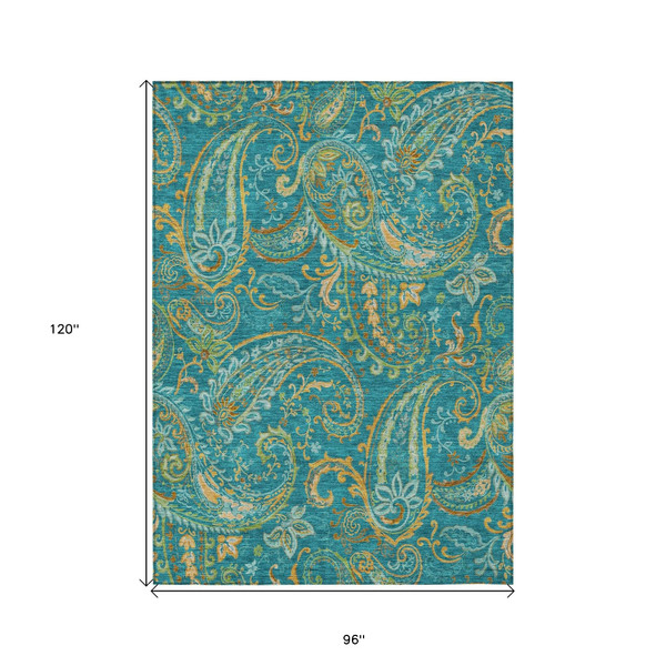 8' X 10' Teal Paisley Washable Non Skid Indoor Outdoor Area Rug N270-561470