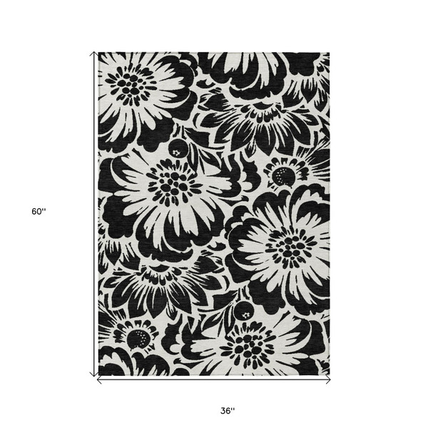 3' X 5' Black and Ivory Floral Washable Non Skid Indoor Outdoor Area Rug N270-562410
