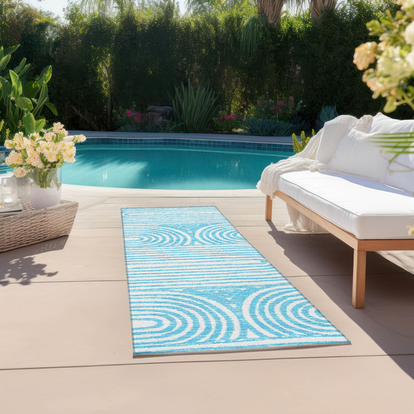 2' X 8' Teal and White Abstract Washable Non Skid Indoor Outdoor Area Rug N270-561868