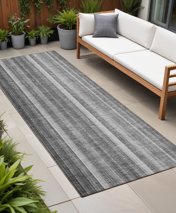 8' Runner Gray Striped Washable Non Skid Indoor Outdoor Runner Rug N270-562039