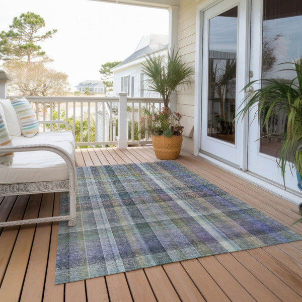 9' X 12' Blue Gray and Green Plaid Washable Non Skid Indoor Outdoor Area Rug N270-561489