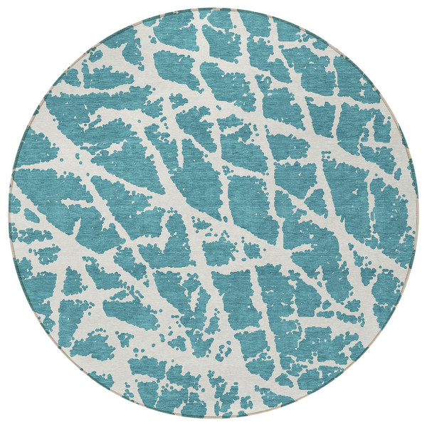 8' Round Teal Round Abstract Washable Non Skid Indoor Outdoor Area Rug N270-559330