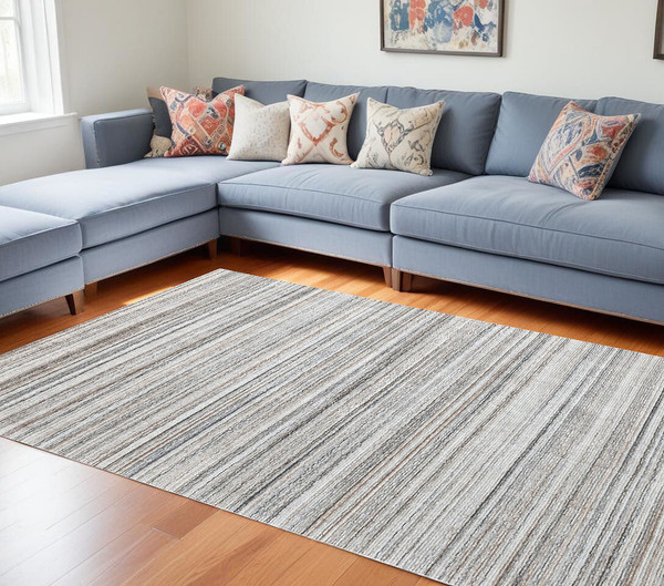 8' X 10' Beige and Gray Wool Blend Abstract Lines Hand Loomed Area Rug N270-554695