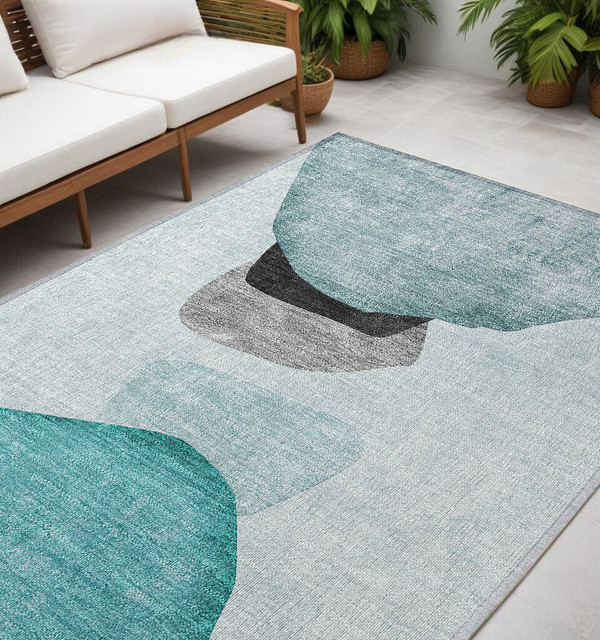 5' X 8' Ivory Teal and Gray Abstract Washable Non Skid Indoor Outdoor Area Rug N270-562204