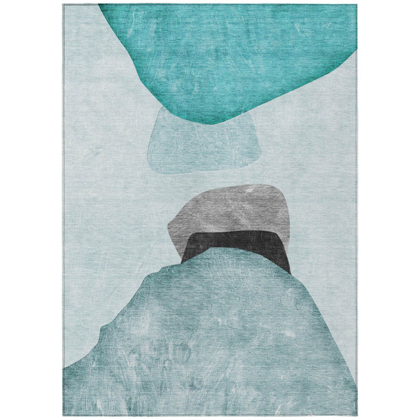 5' X 8' Ivory Teal and Gray Abstract Washable Non Skid Indoor Outdoor Area Rug N270-562204