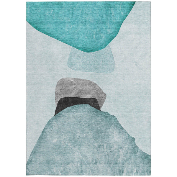 5' X 8' Ivory Teal and Gray Abstract Washable Non Skid Indoor Outdoor Area Rug N270-562204