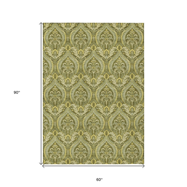 5' X 8' Green Damask Washable Non Skid Indoor Outdoor Area Rug N270-563884