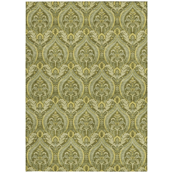 5' X 8' Green Damask Washable Non Skid Indoor Outdoor Area Rug N270-563884