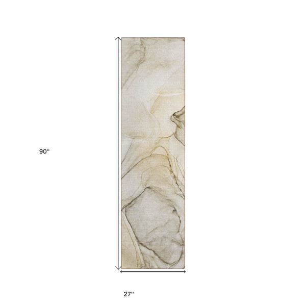 8' Runner Beige and Gray Abstract Washable Non Skid Indoor Outdoor Runner Rug N270-559344