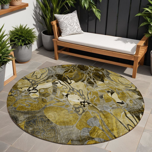 8' X 8' Green and Brown Round Abstract Washable Indoor Outdoor Area Rug N270-563030