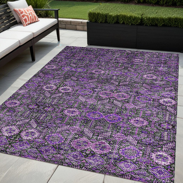 5' X 8' Purple and Green Floral Washable Non Skid Indoor Outdoor Area Rug N270-564360